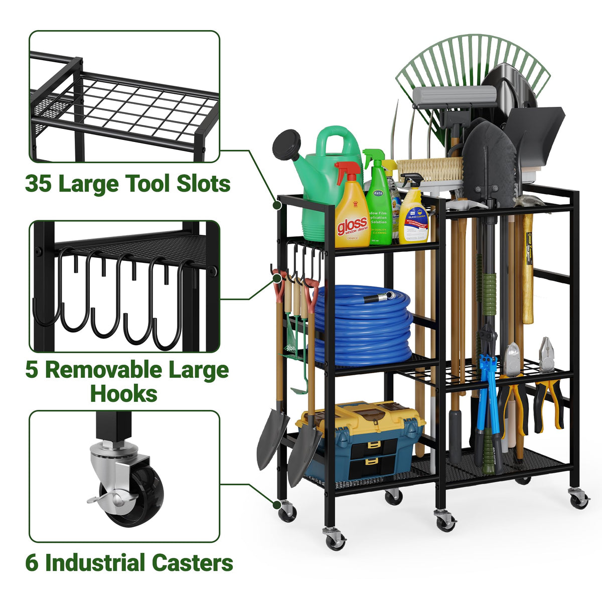 Garden Tool Organizer with 6 Wheels & Hooks D5057