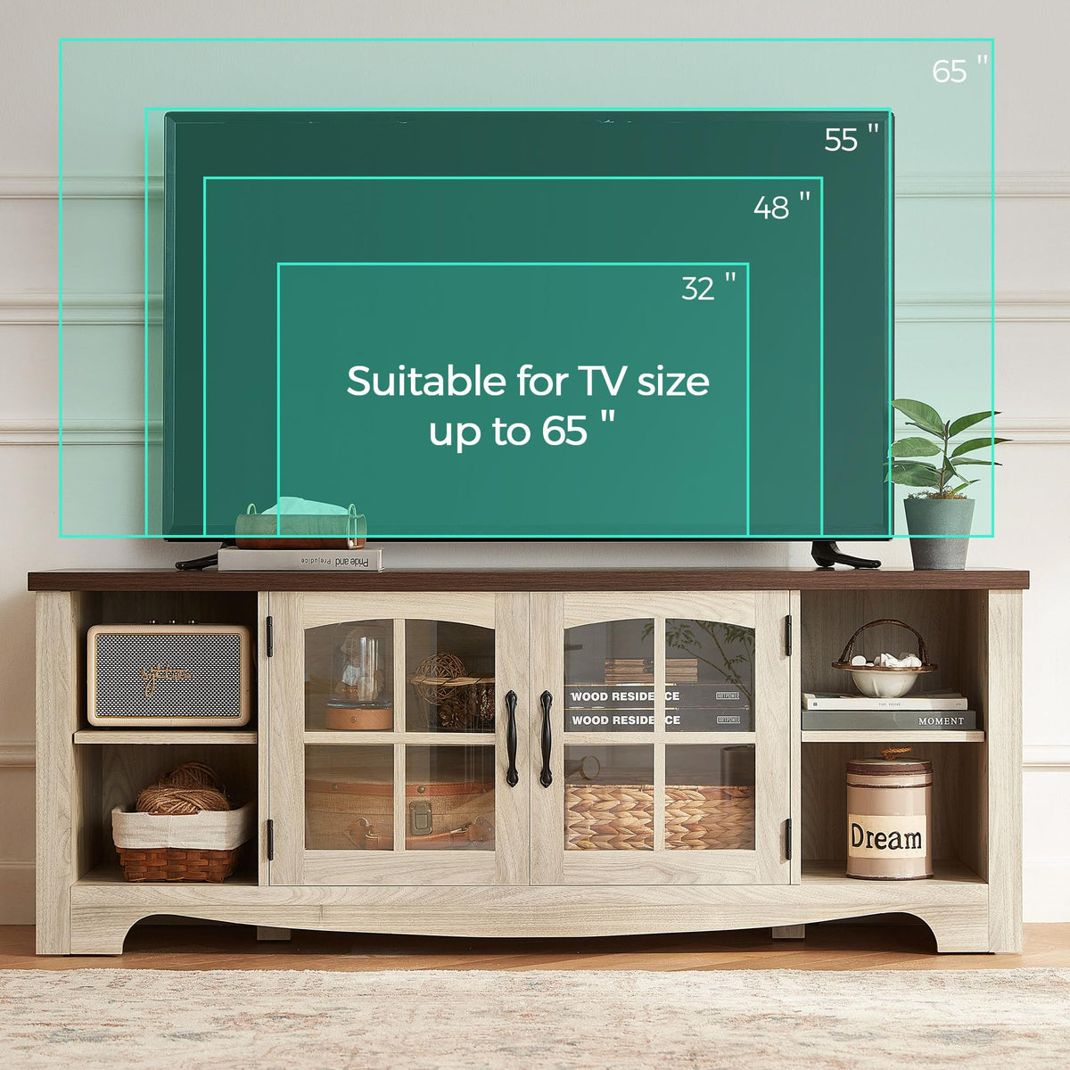 Farmhouse Wood TV Stand for 65 Inch TV with Glass Door Storage Cabinet N129