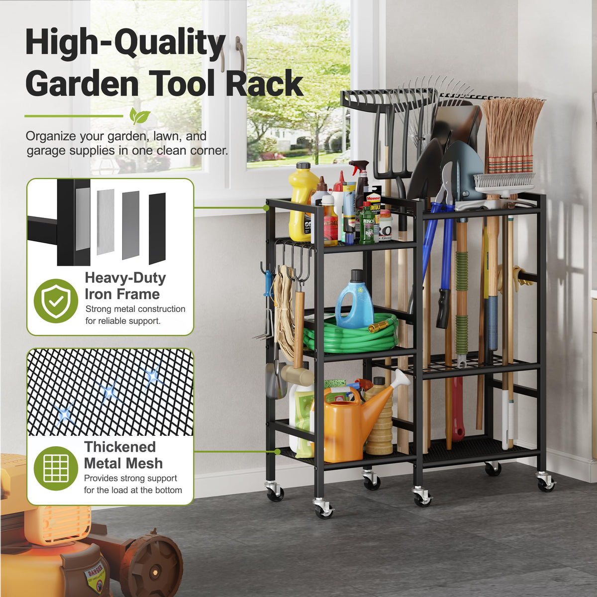 Garden Tool Organizer with 6 Wheels & Hooks D5057