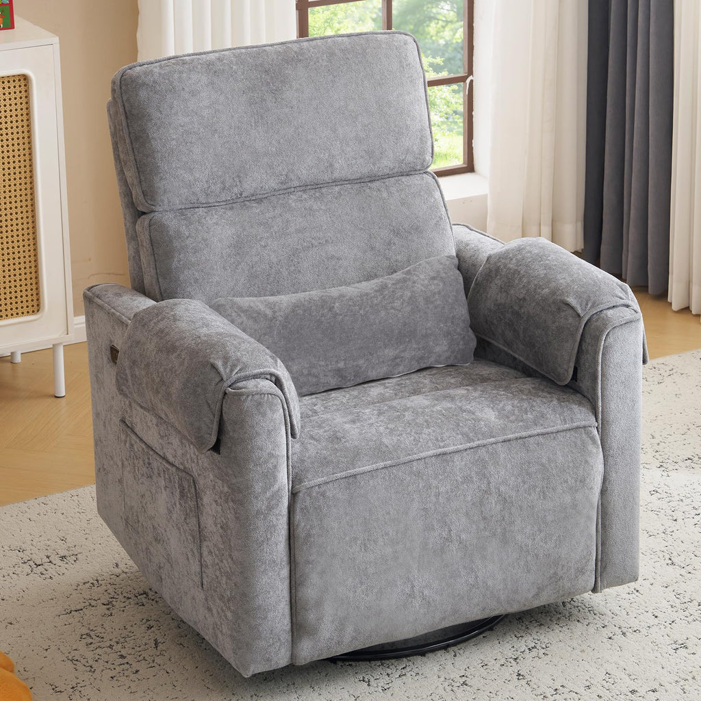 Oversized Swivel Rocking Recliner Chair with USB Ports, Grey T652398