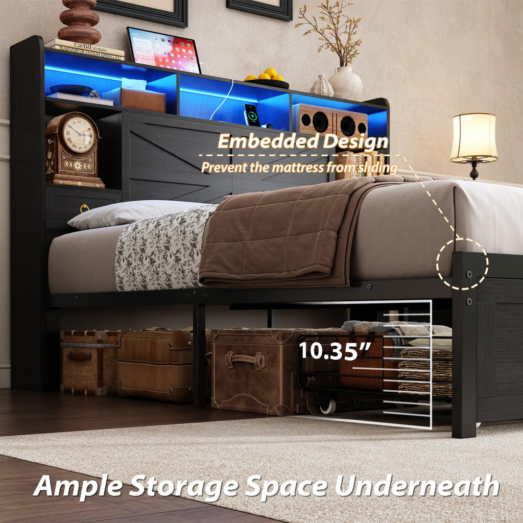 Queen Size Wood Bed Frame with Storage Headboard and 4 Drawers N5256