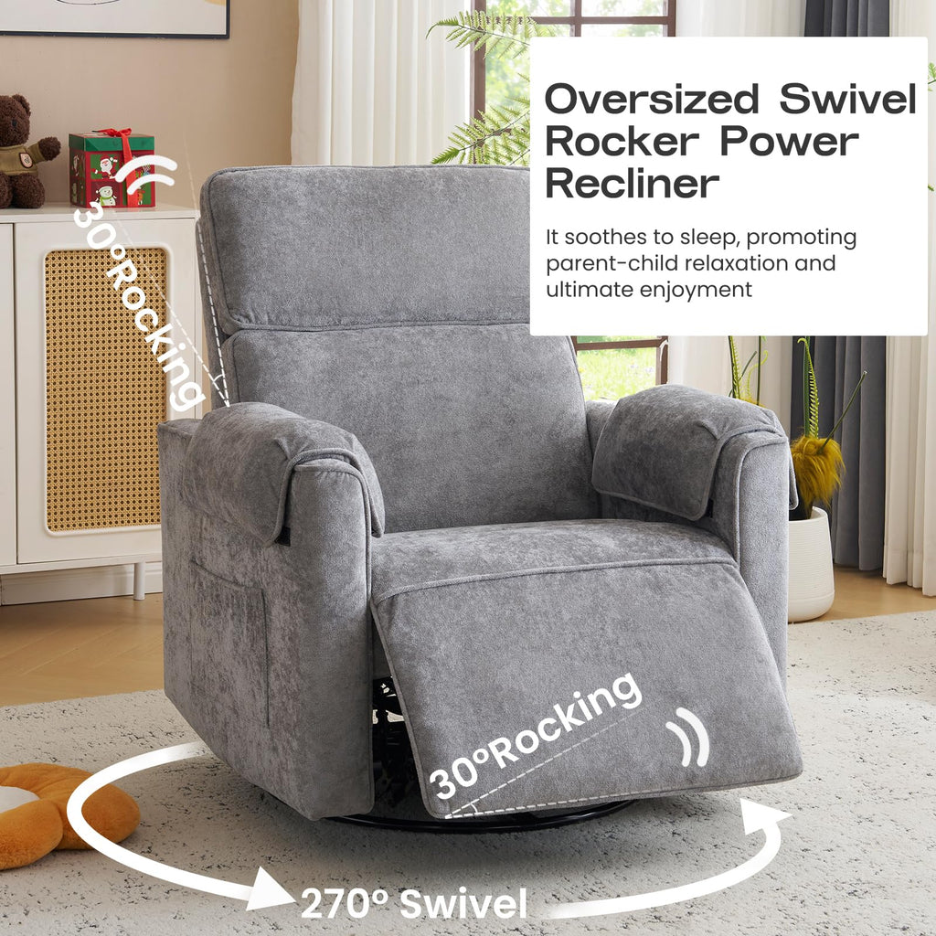 Oversized Swivel Rocking Recliner Chair with USB Ports, Grey T652398