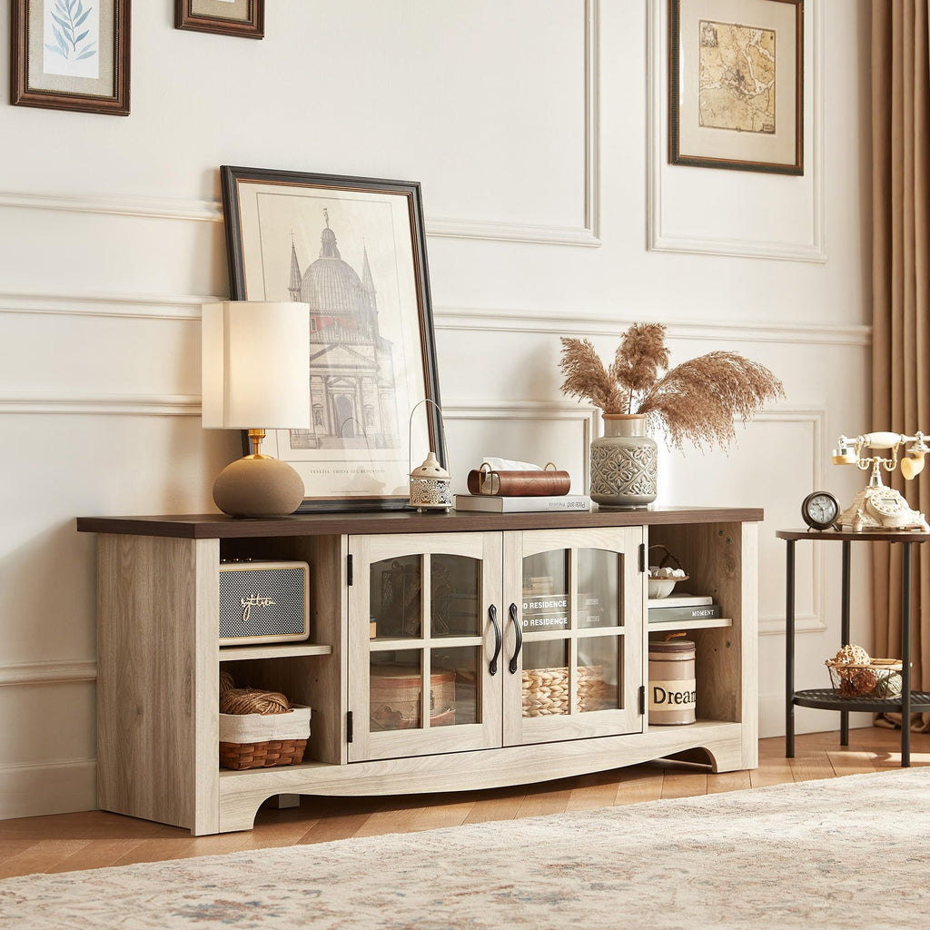 Farmhouse Wood TV Stand for 65 Inch TV with Glass Door Storage Cabinet N129