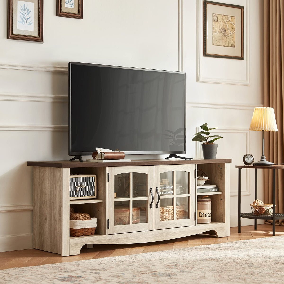 Farmhouse Wood TV Stand for 65 Inch TV with Glass Door Storage Cabinet N129