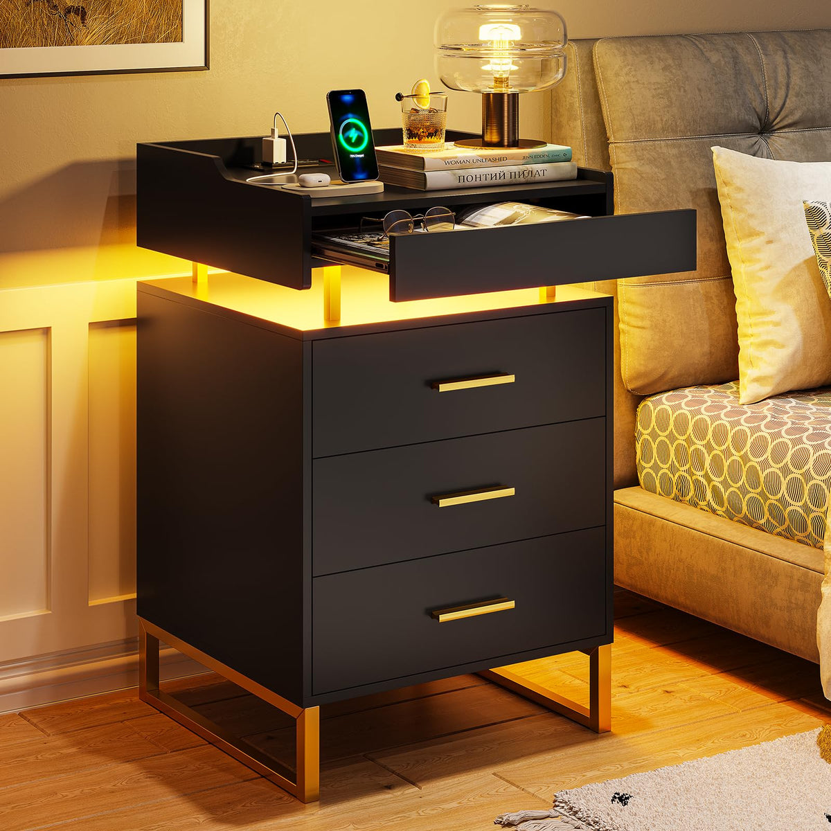 Black and Gold LED Nightstand with Charging Station B597056