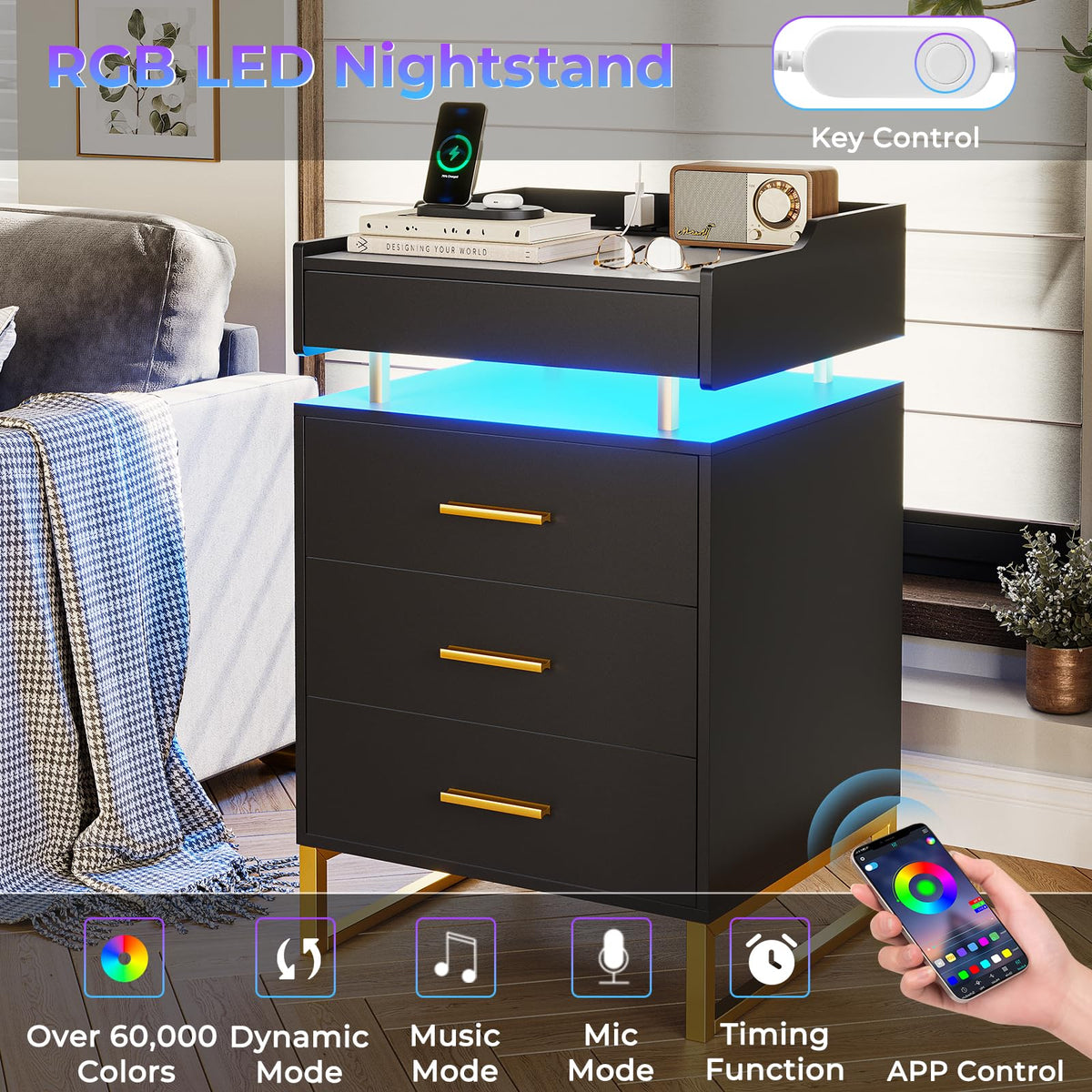 Black and Gold LED Nightstand with Charging Station B597056