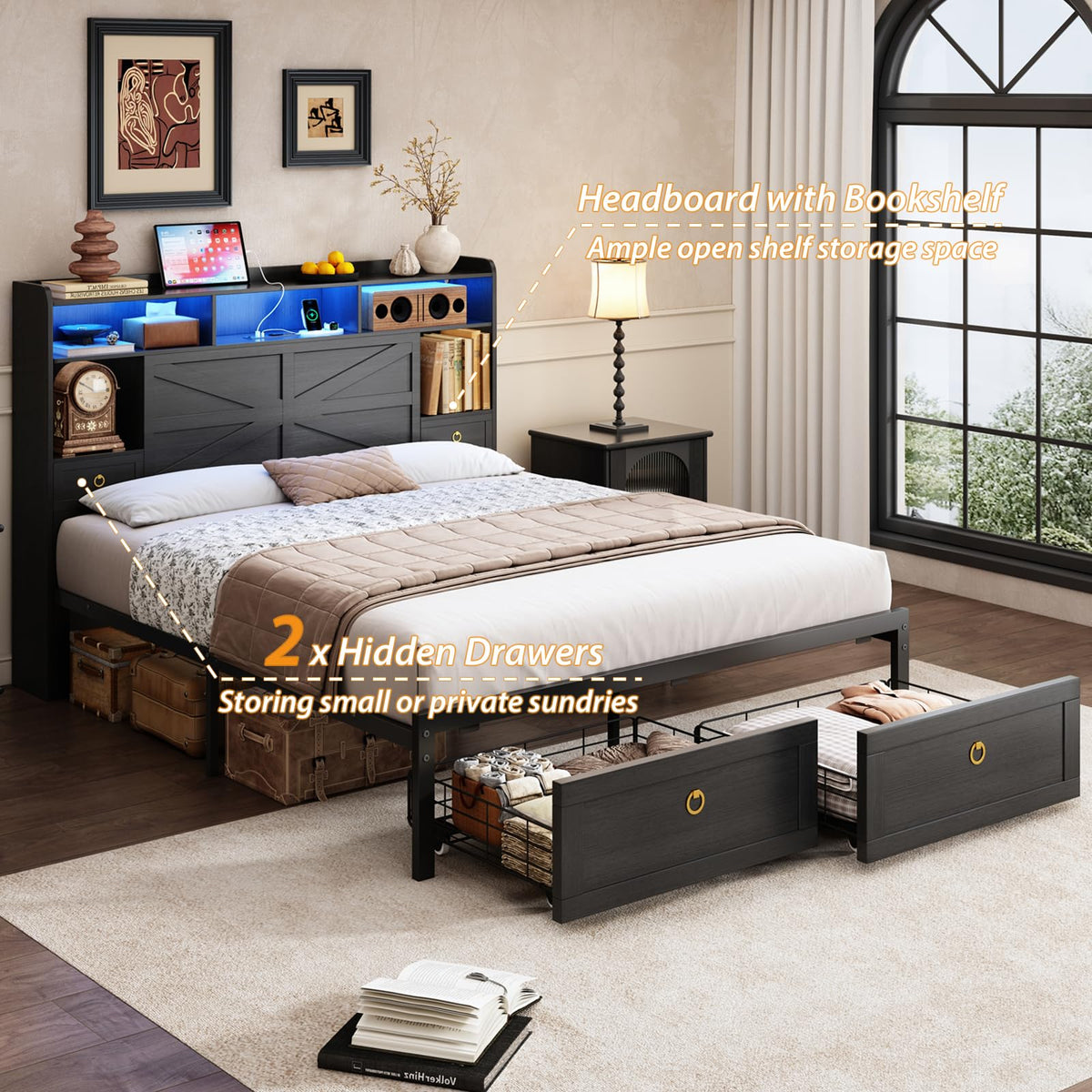 Queen Size Wood Bed Frame with Storage Headboard and 4 Drawers N5256