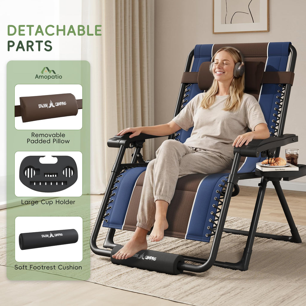 XXL Padded Zero Gravity Chairs Set of 2 Foldable Reclining Chair with Cup Holder T12648
