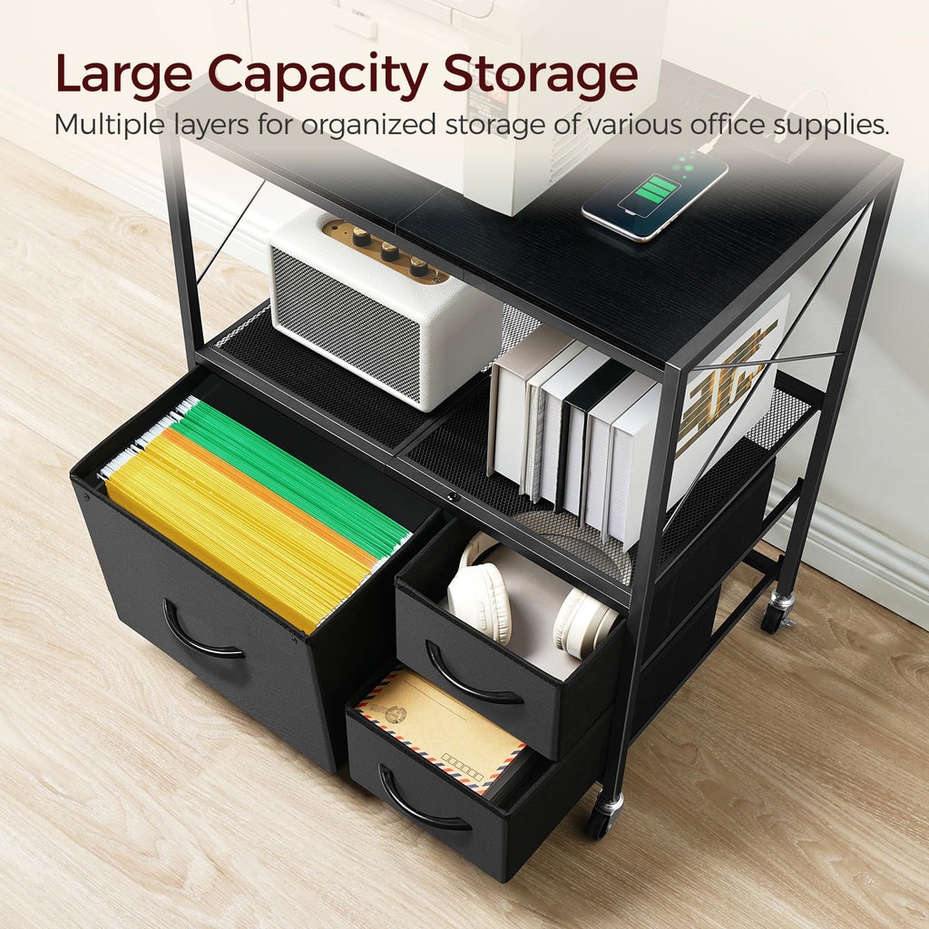 Black 3 Drawer File Cabinet with Charging Station U68356
