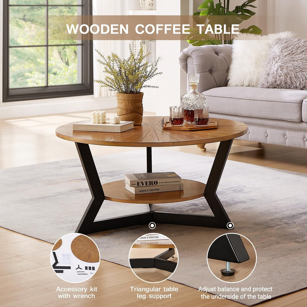 Brown 2-Tier Solid Wood Round Coffee Table R181