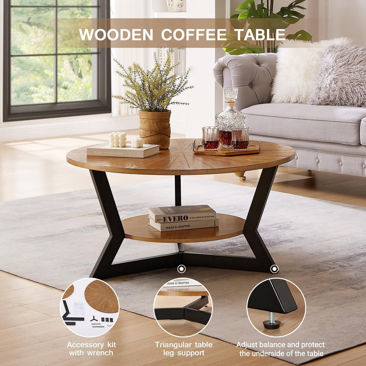 Brown 2-Tier Solid Wood Round Coffee Table R181