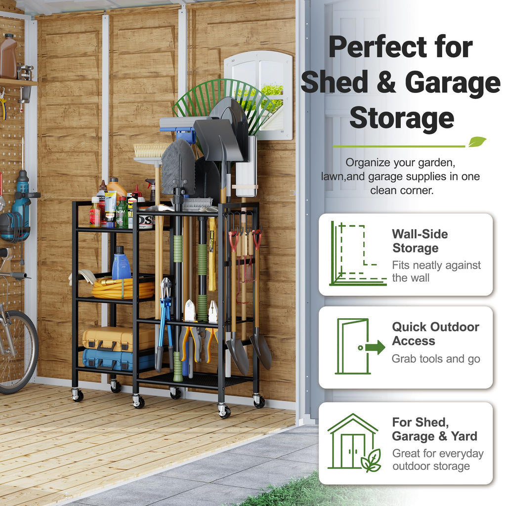 Garden Tool Organizer with 6 Wheels & Hooks D5057