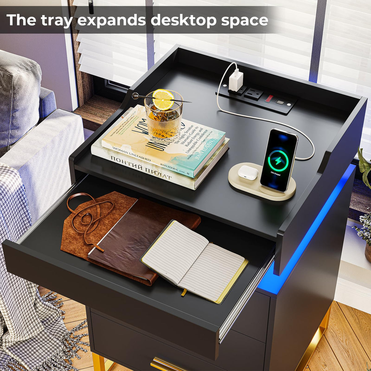 Black and Gold LED Nightstand with Charging Station B597056