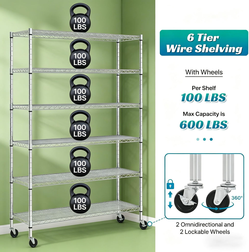 6-Tier Heavy Duty Steel Wire Shelving Unit with Wheels L183