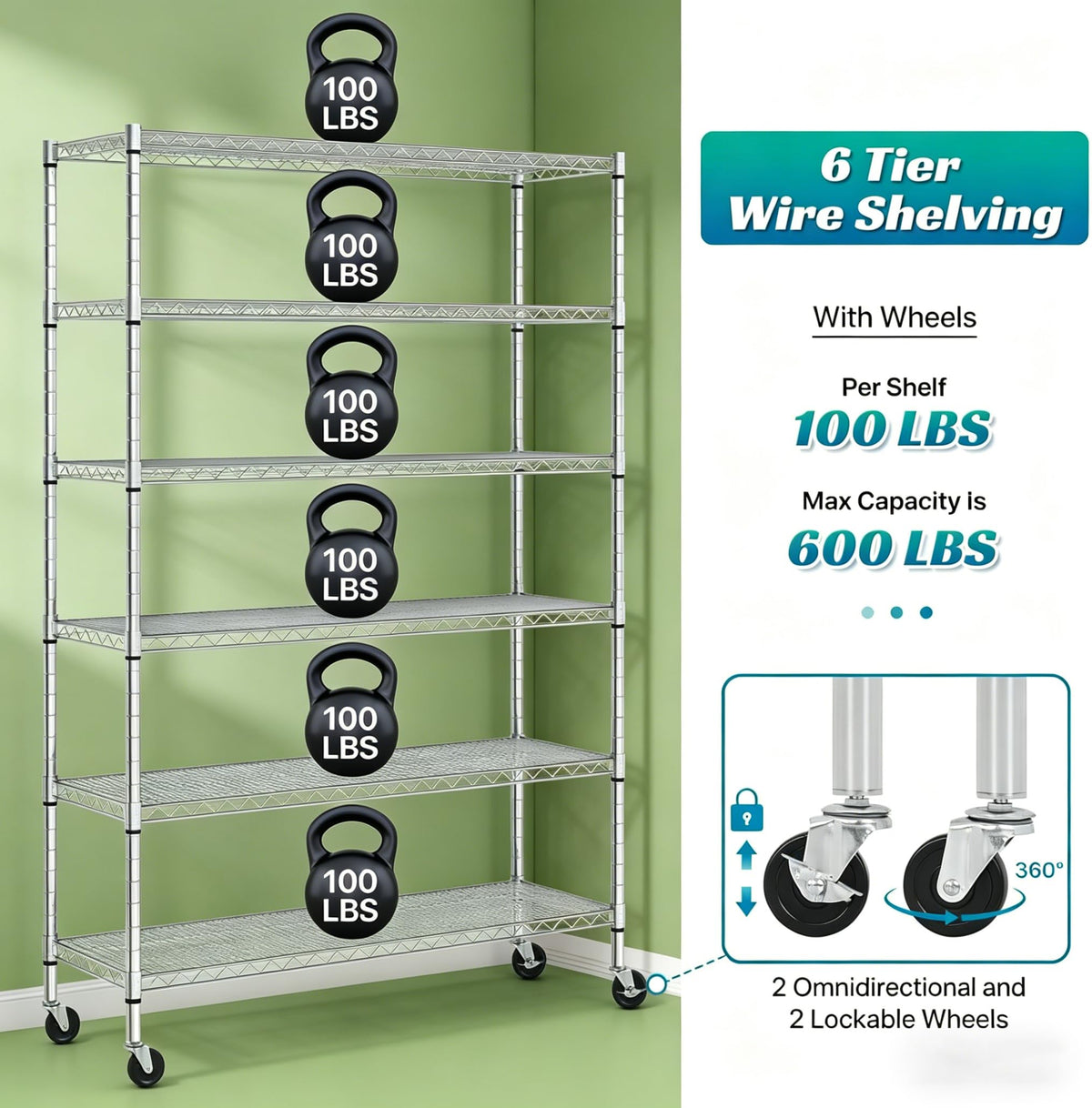 6-Tier Heavy Duty Steel Wire Shelving Unit with Wheels L183