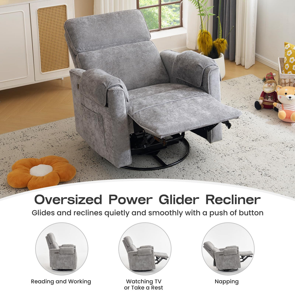 Oversized Swivel Rocking Recliner Chair with USB Ports, Grey T652398