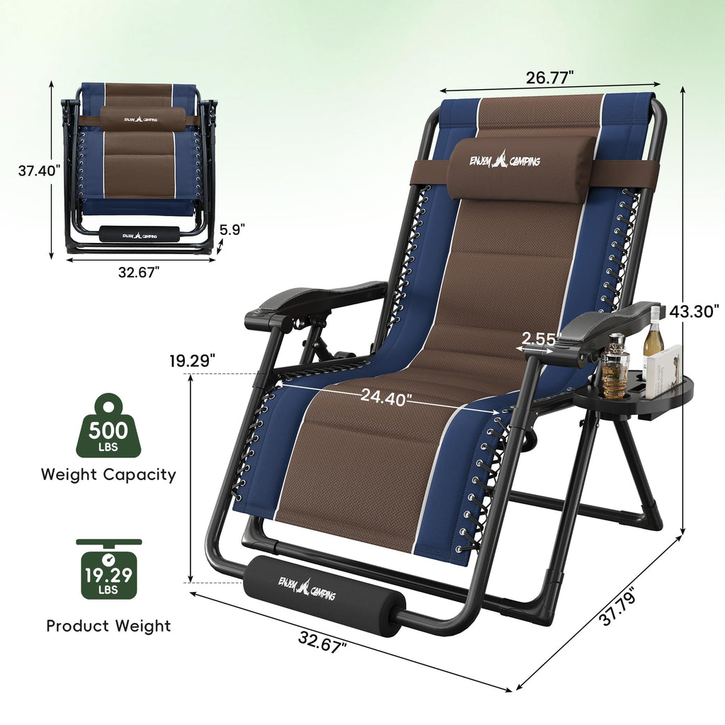 XXL Padded Zero Gravity Chairs Set of 2 Foldable Reclining Chair with Cup Holder T12648