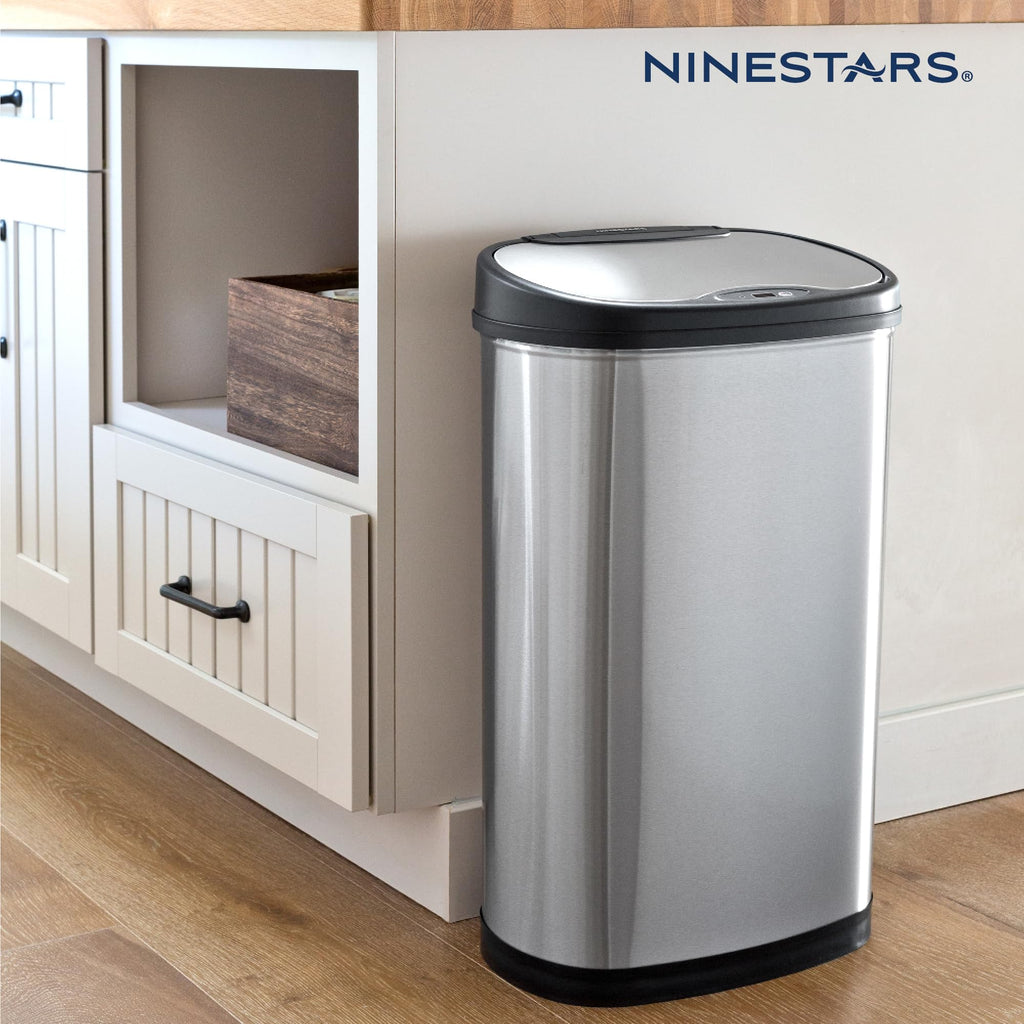 13 Gallon Oval Automatic Trash Can, 50L Touchless Motion Sensor Garbage Can with Odor-Sealing Lid & One-Touch Manual Mode, Silver Stainless Steel, Black Trim E56975