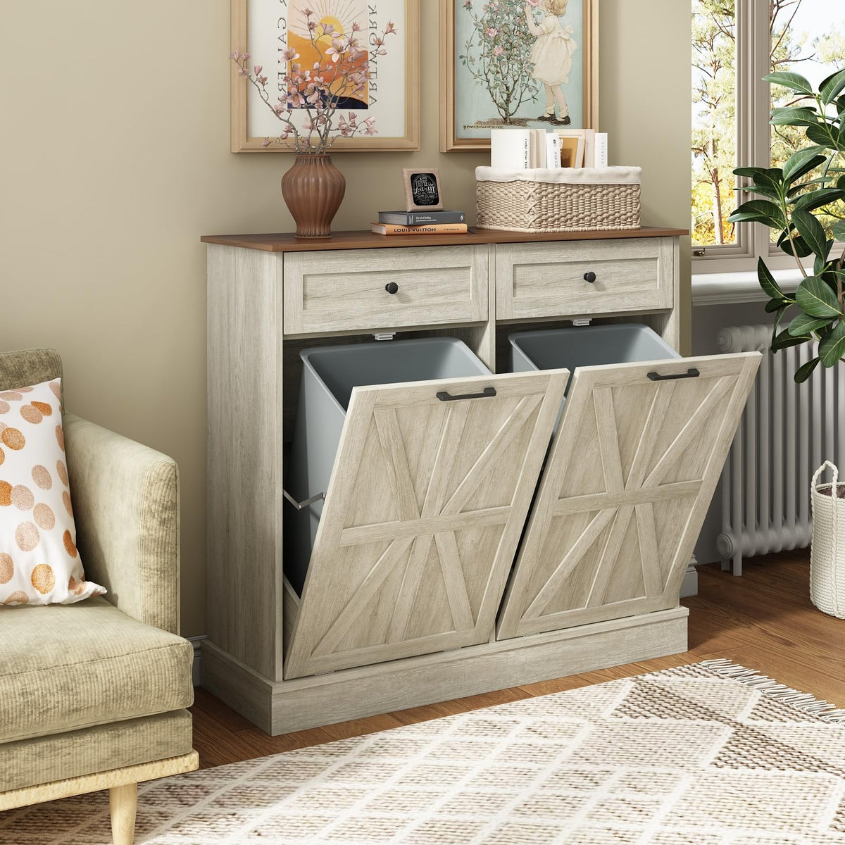 Double Tilt Out Trash Bin Holder Walnut White Wooden 10 Gallon Z37359