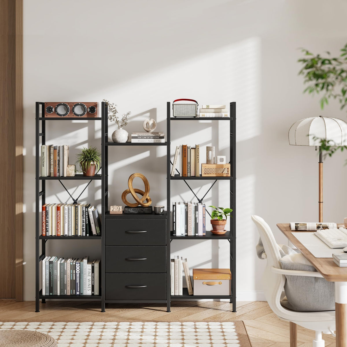 Black 4-Tier Bookshelf with 3 Fabric Drawers Z8712