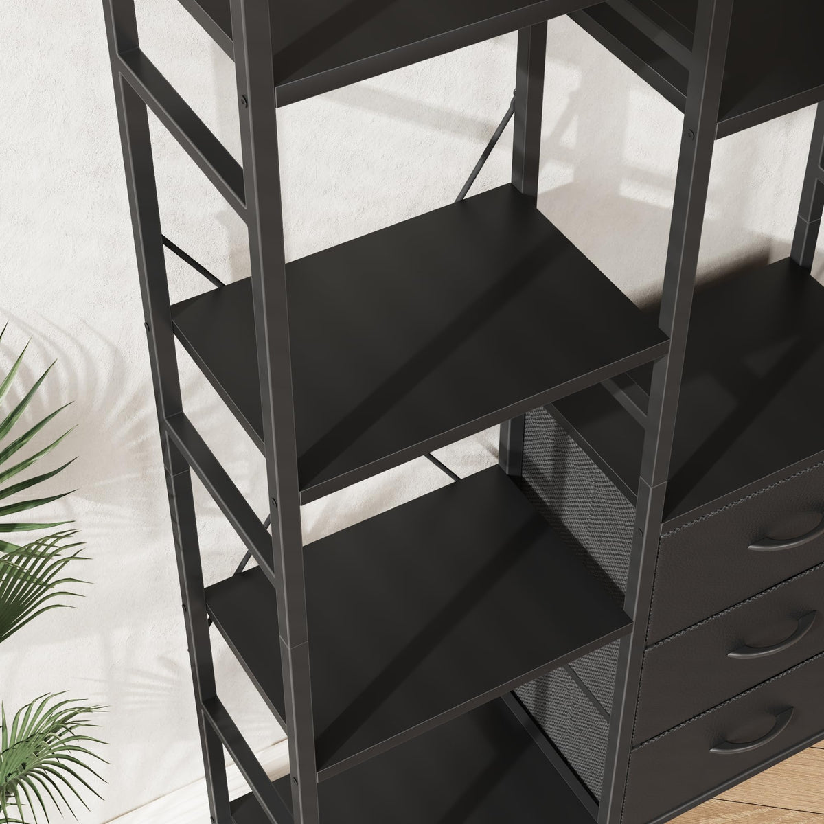 Black 4-Tier Bookshelf with 3 Fabric Drawers Z8712