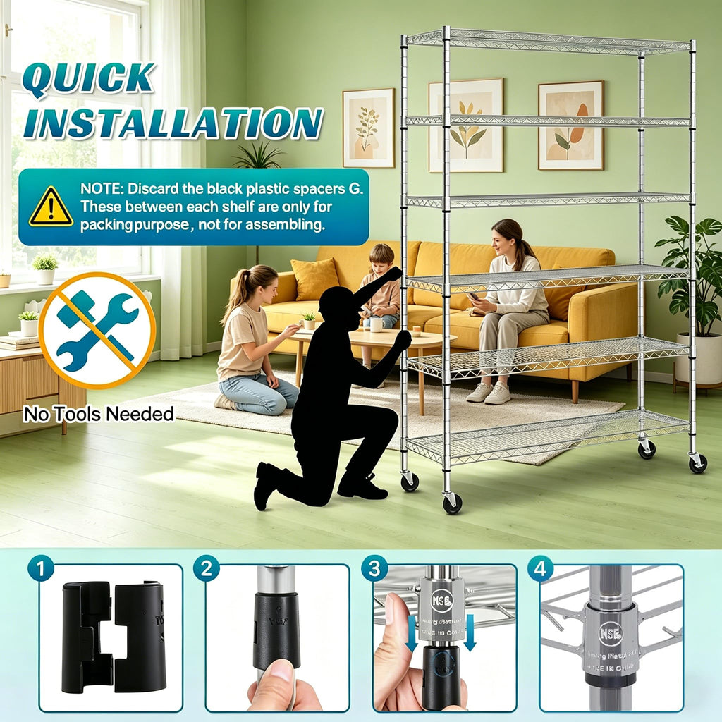 6-Tier Heavy Duty Steel Wire Shelving Unit with Wheels L183
