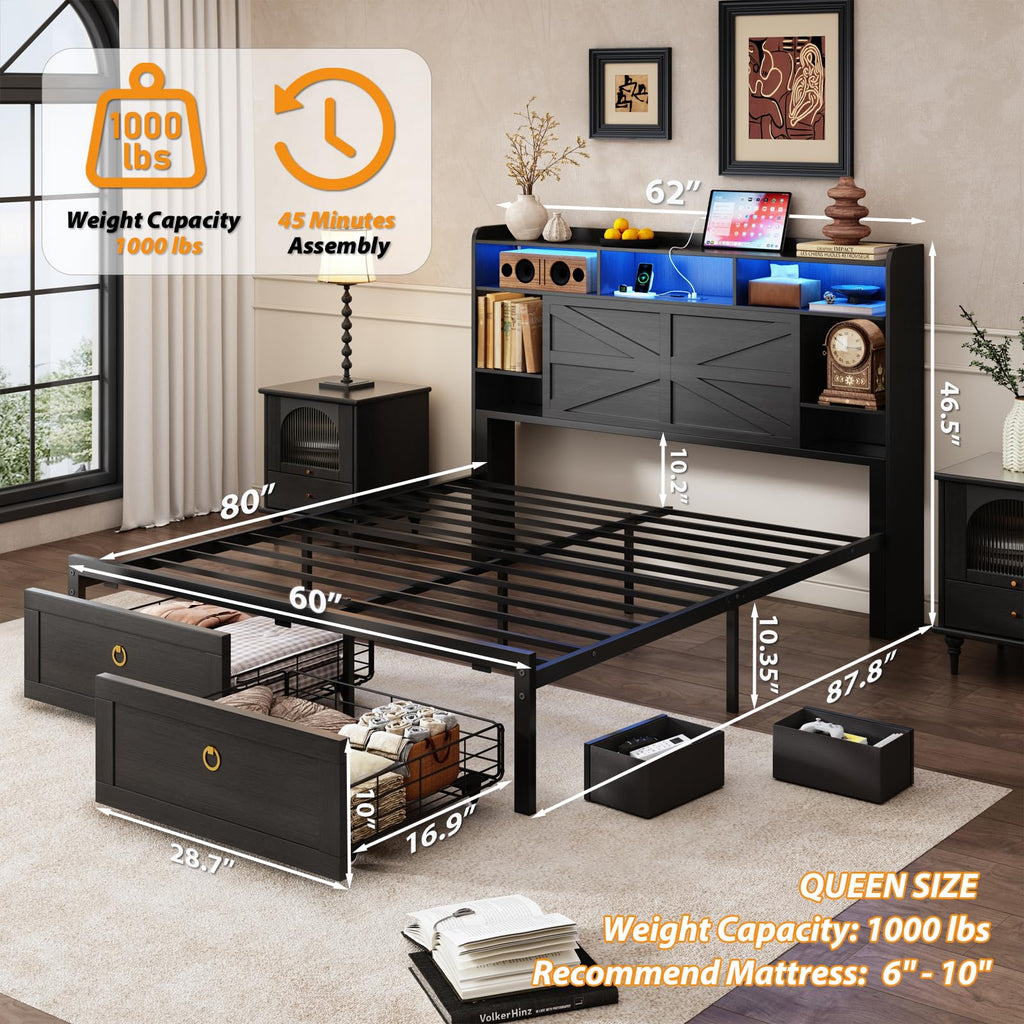 Queen Size Wood Bed Frame with Storage Headboard and 4 Drawers N5256