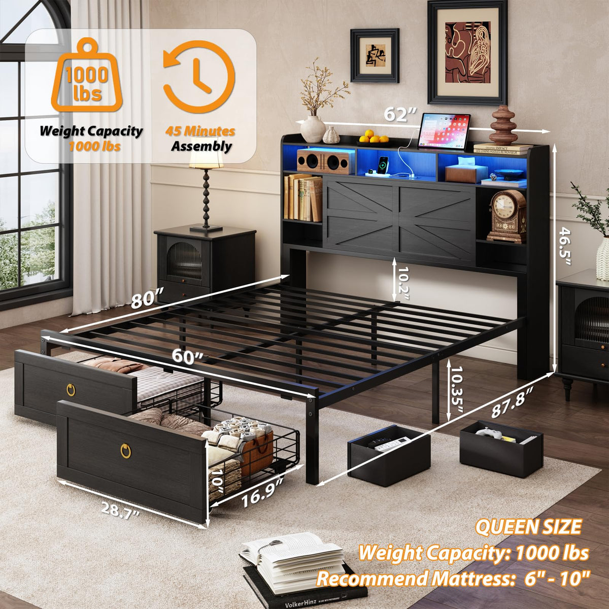 Queen Size Wood Bed Frame with Storage Headboard and 4 Drawers N5256