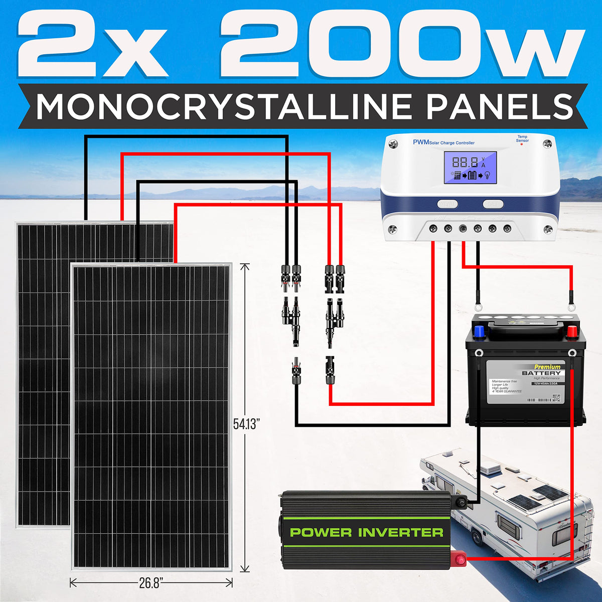 400 Watt 12V Portable Solar Starter Kit with 2 Pcs 200W Monocrystalline Set and 30A PWM Controller O42078