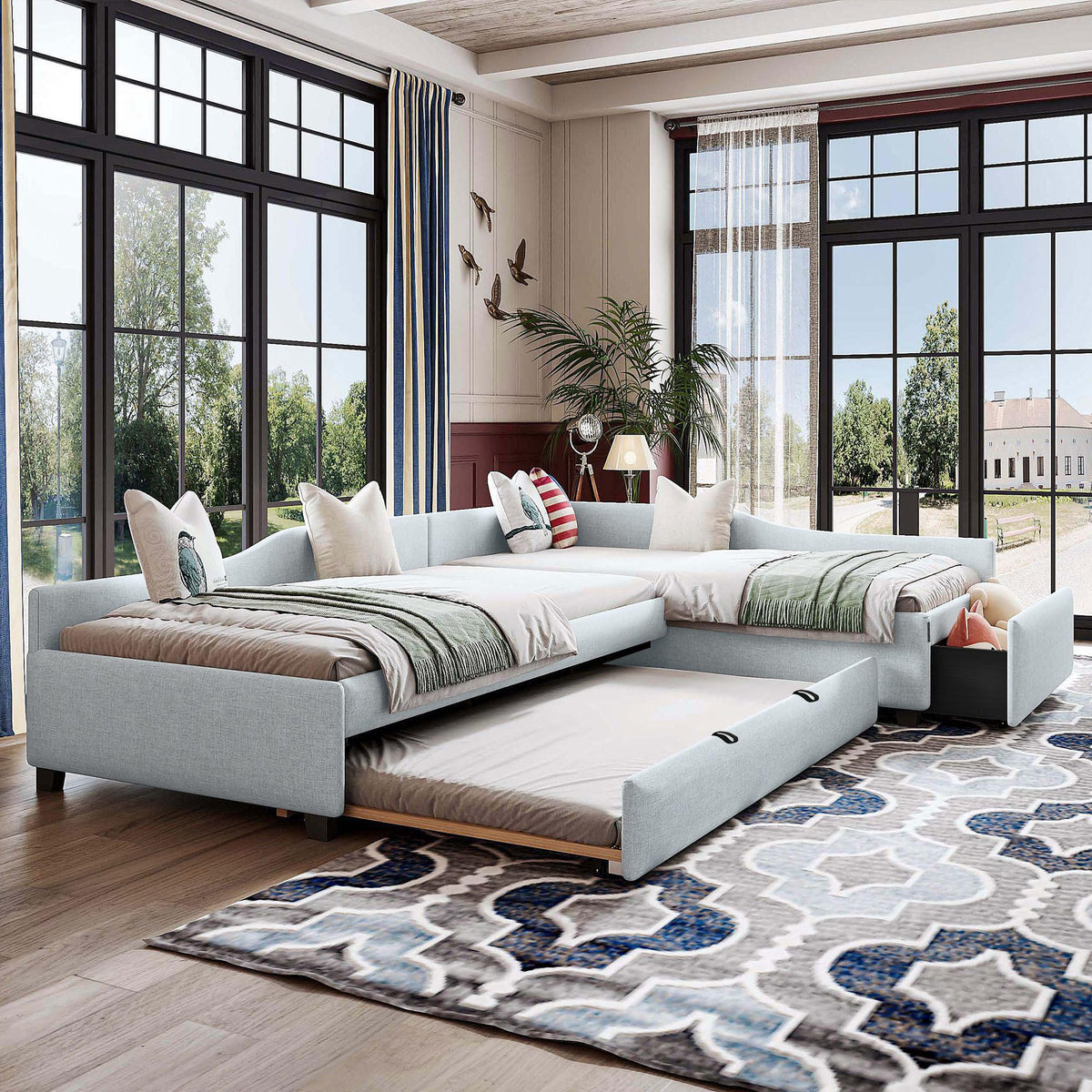 Double Twin Size L Shaped Upholstered Daybed with Trundle and Storage Drawer E911073