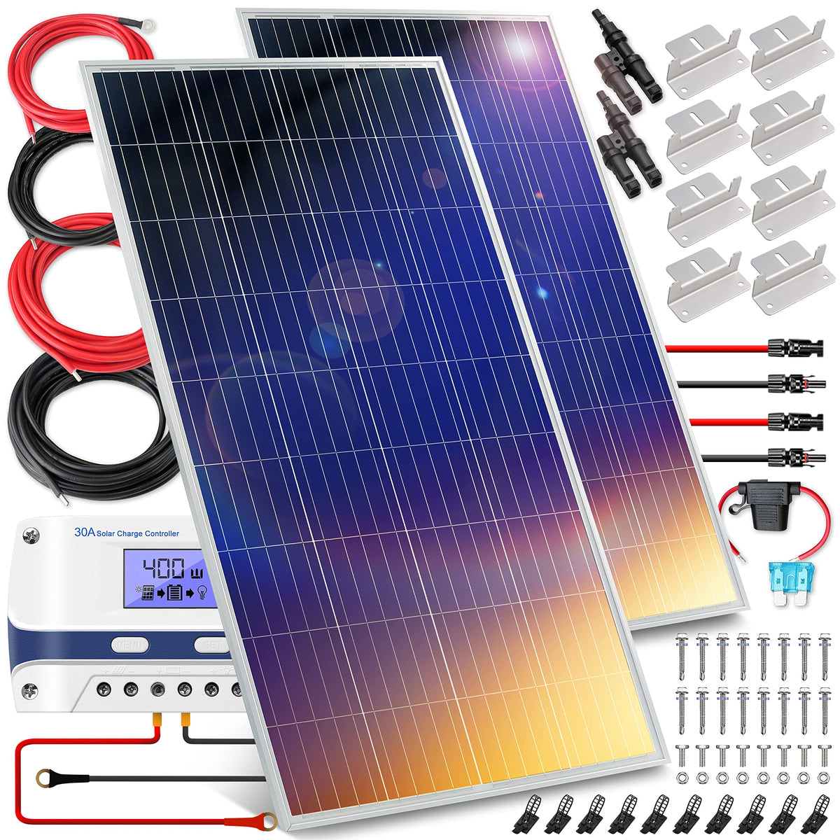 400 Watt 12V Portable Solar Starter Kit with 2 Pcs 200W Monocrystalline Set and 30A PWM Controller O42078