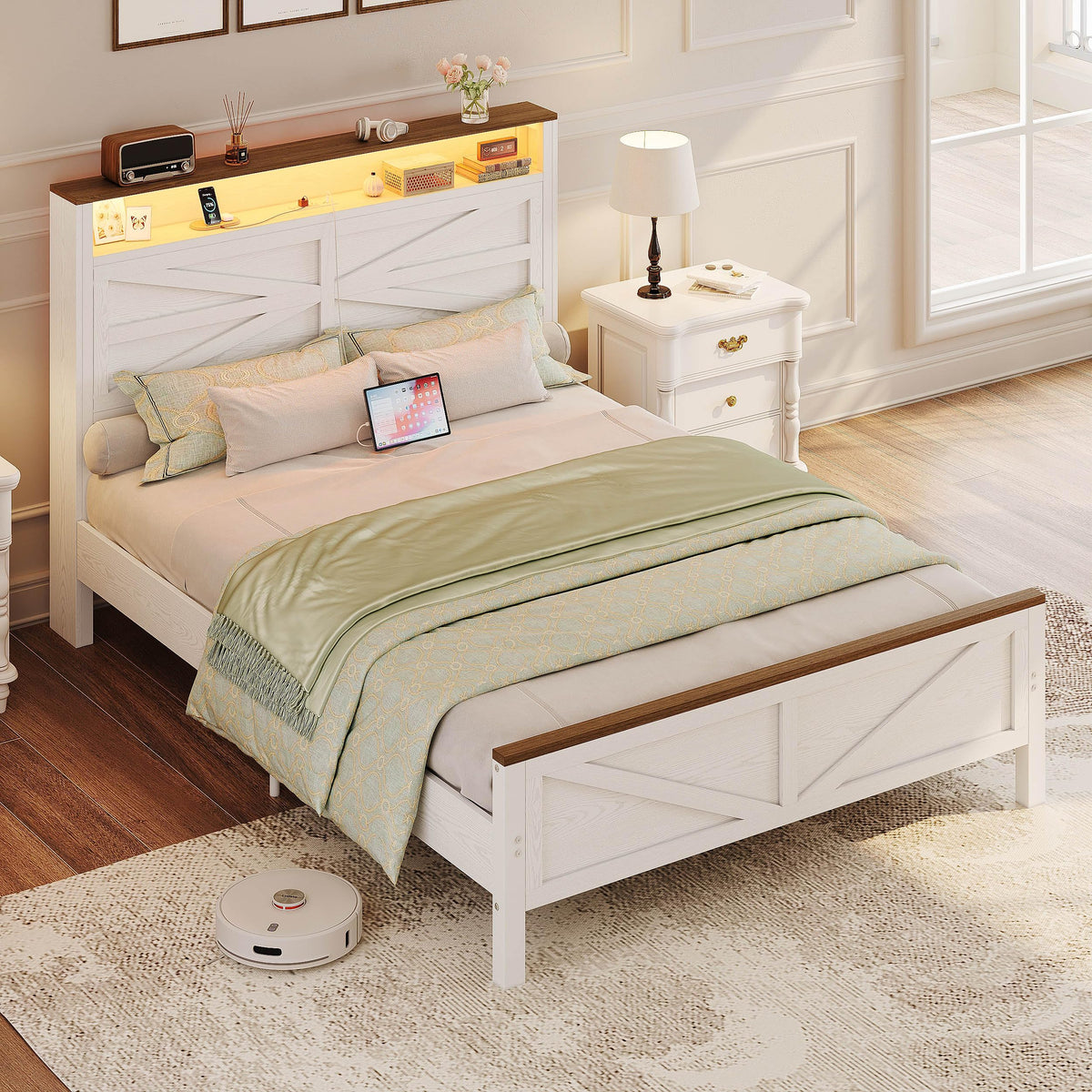 White Full Bed Frame with LED Lights & Charging Station D5104