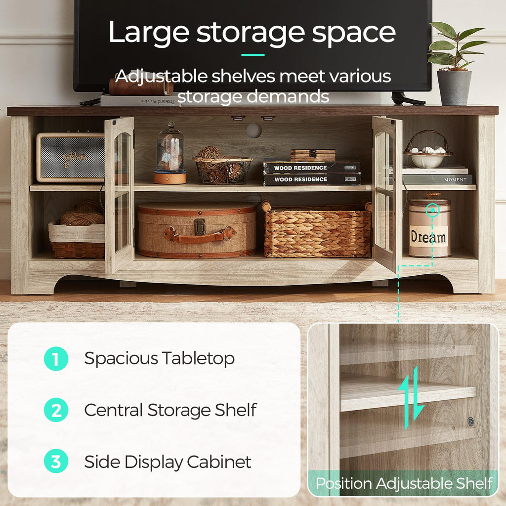 Farmhouse Wood TV Stand for 65 Inch TV with Glass Door Storage Cabinet N129