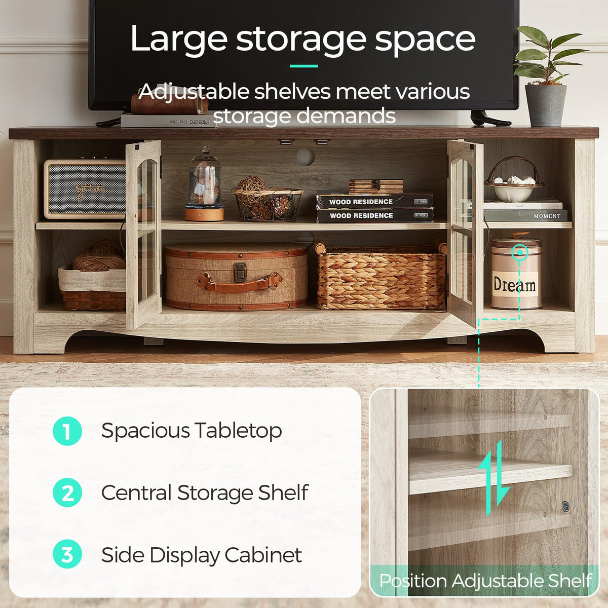 Farmhouse Wood TV Stand for 65 Inch TV with Glass Door Storage Cabinet N129
