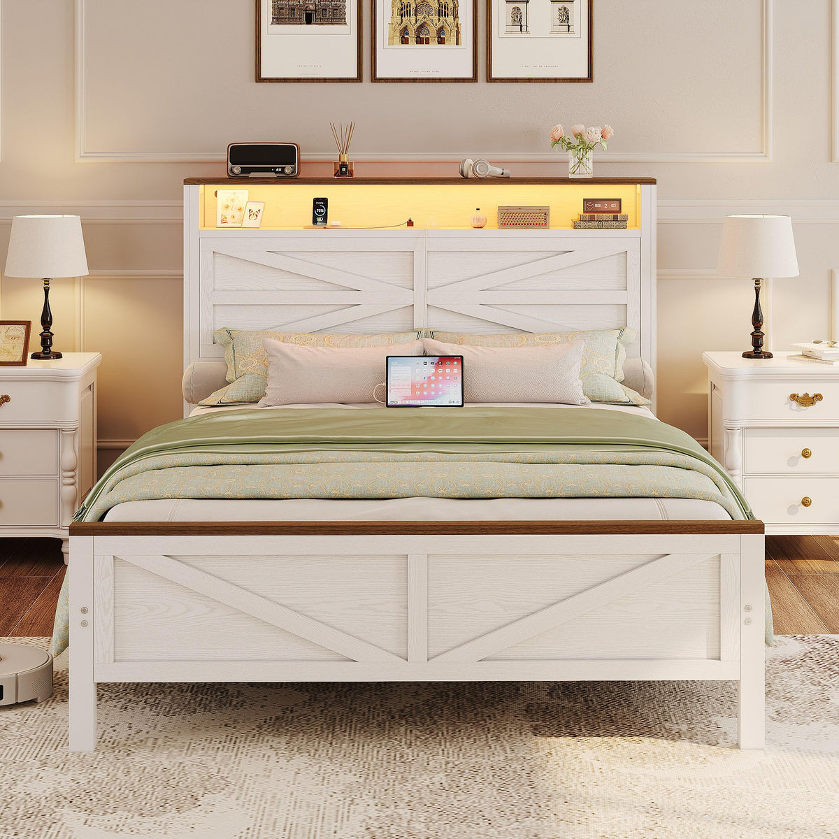 White Full Bed Frame with LED Lights & Charging Station D5104