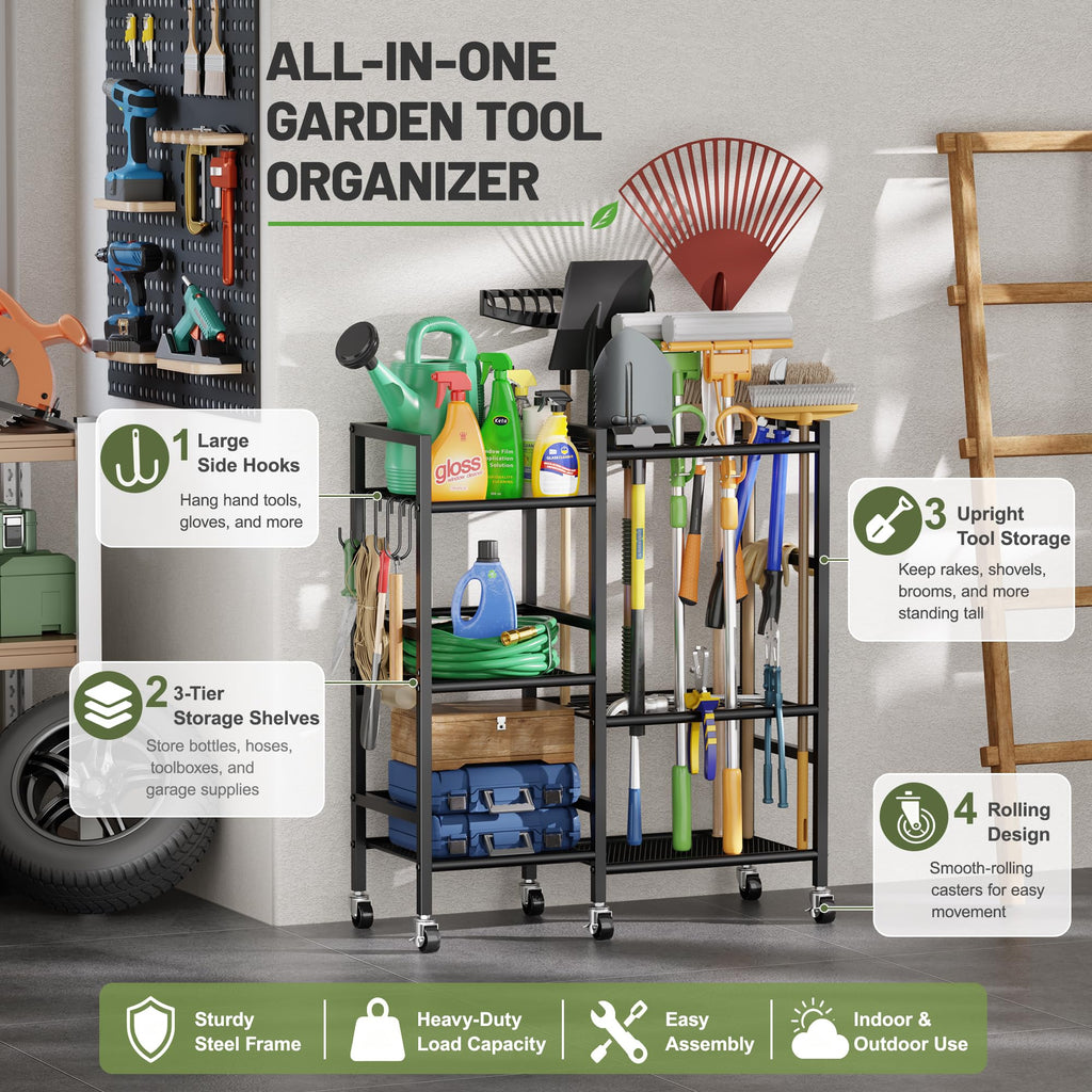 Garden Tool Organizer with 6 Wheels & Hooks D5057