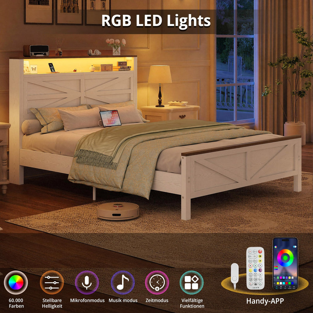 White Full Bed Frame with LED Lights & Charging Station D5104