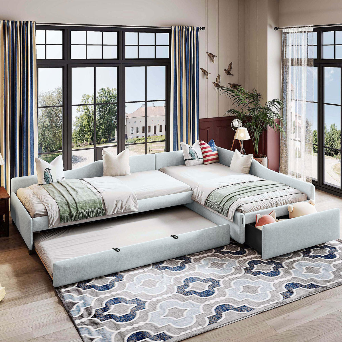 Double Twin Size L Shaped Upholstered Daybed with Trundle and Storage Drawer E911073