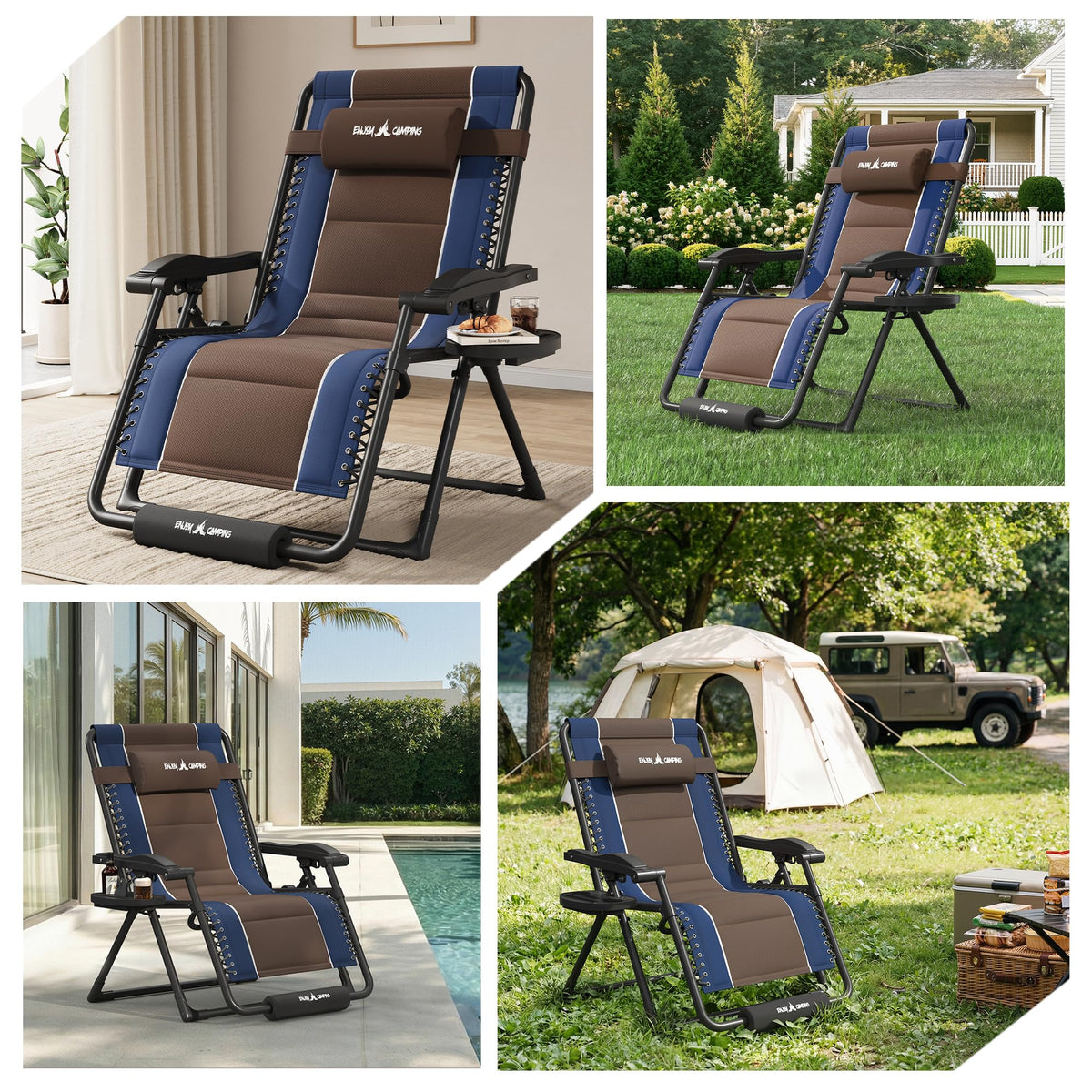 XXL Padded Zero Gravity Chairs Set of 2 Foldable Reclining Chair with Cup Holder T12648