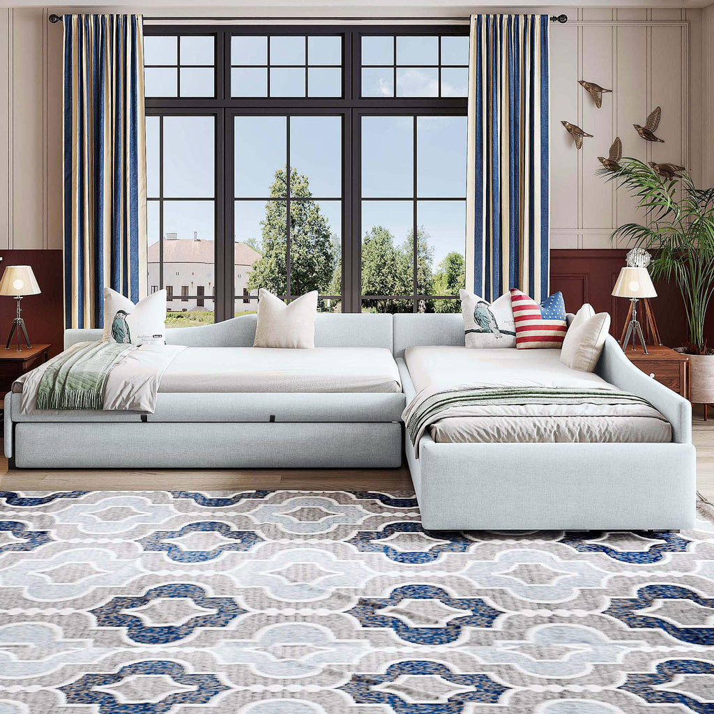 Double Twin Size L Shaped Upholstered Daybed with Trundle and Storage Drawer E911073